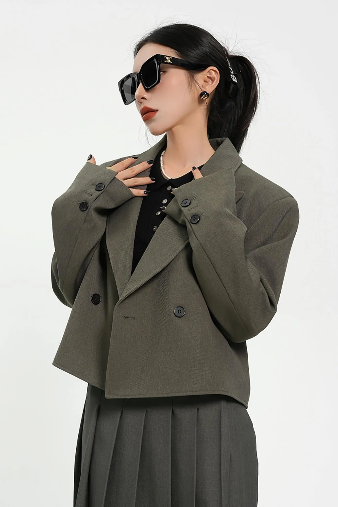 Olive Green Oversized Blazer - Double-Breasted Cropped Suit Jacket