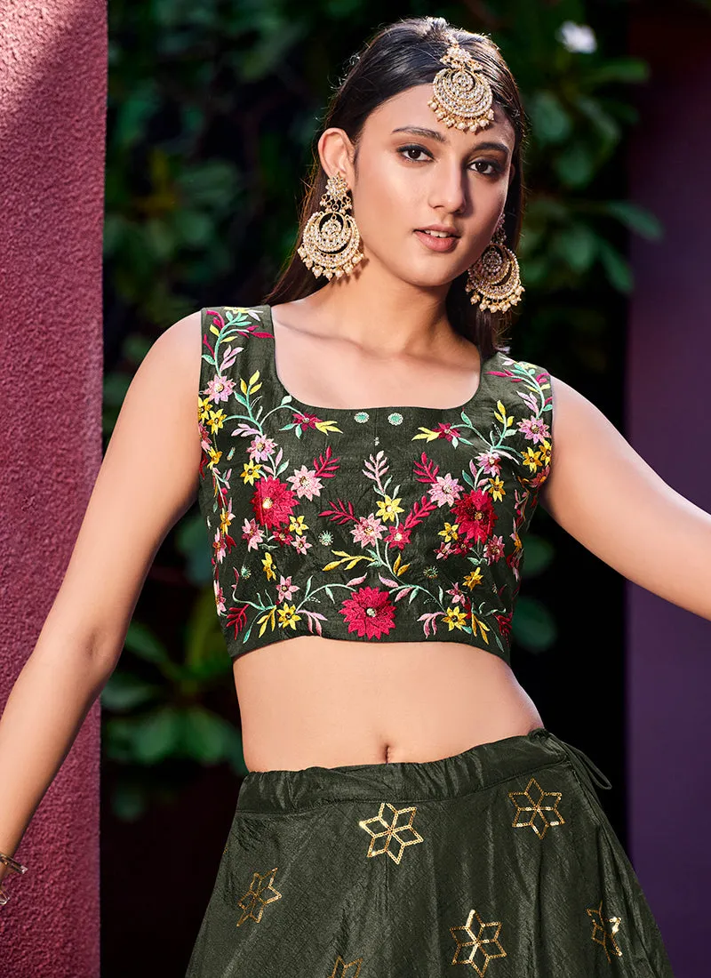 Olive Green Sequence Embroidery Jacket Style Lehenga Choli