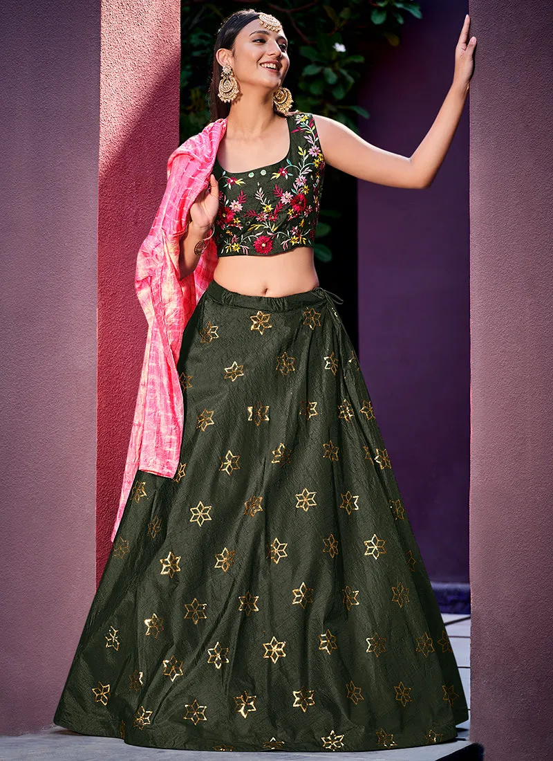 Olive Green Sequence Embroidery Jacket Style Lehenga Choli