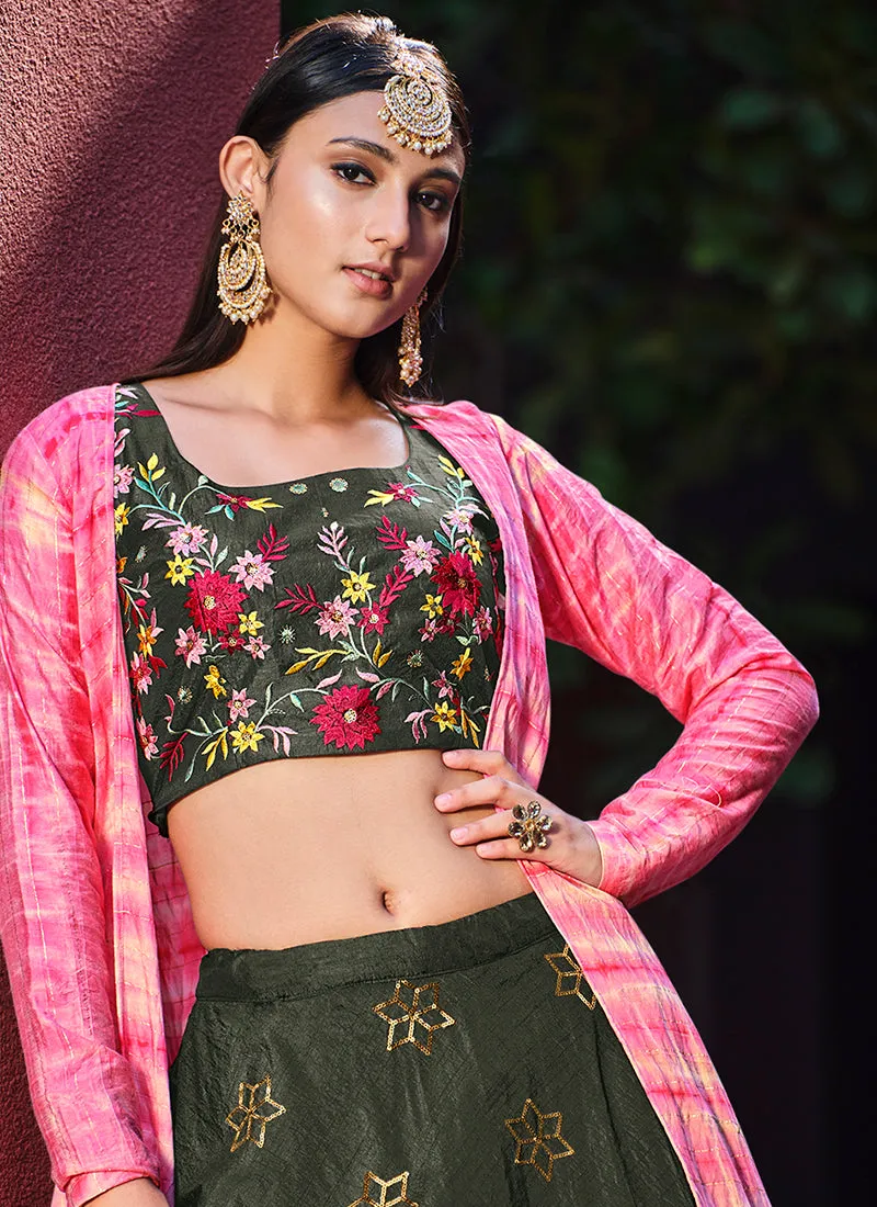 Olive Green Sequence Embroidery Jacket Style Lehenga Choli