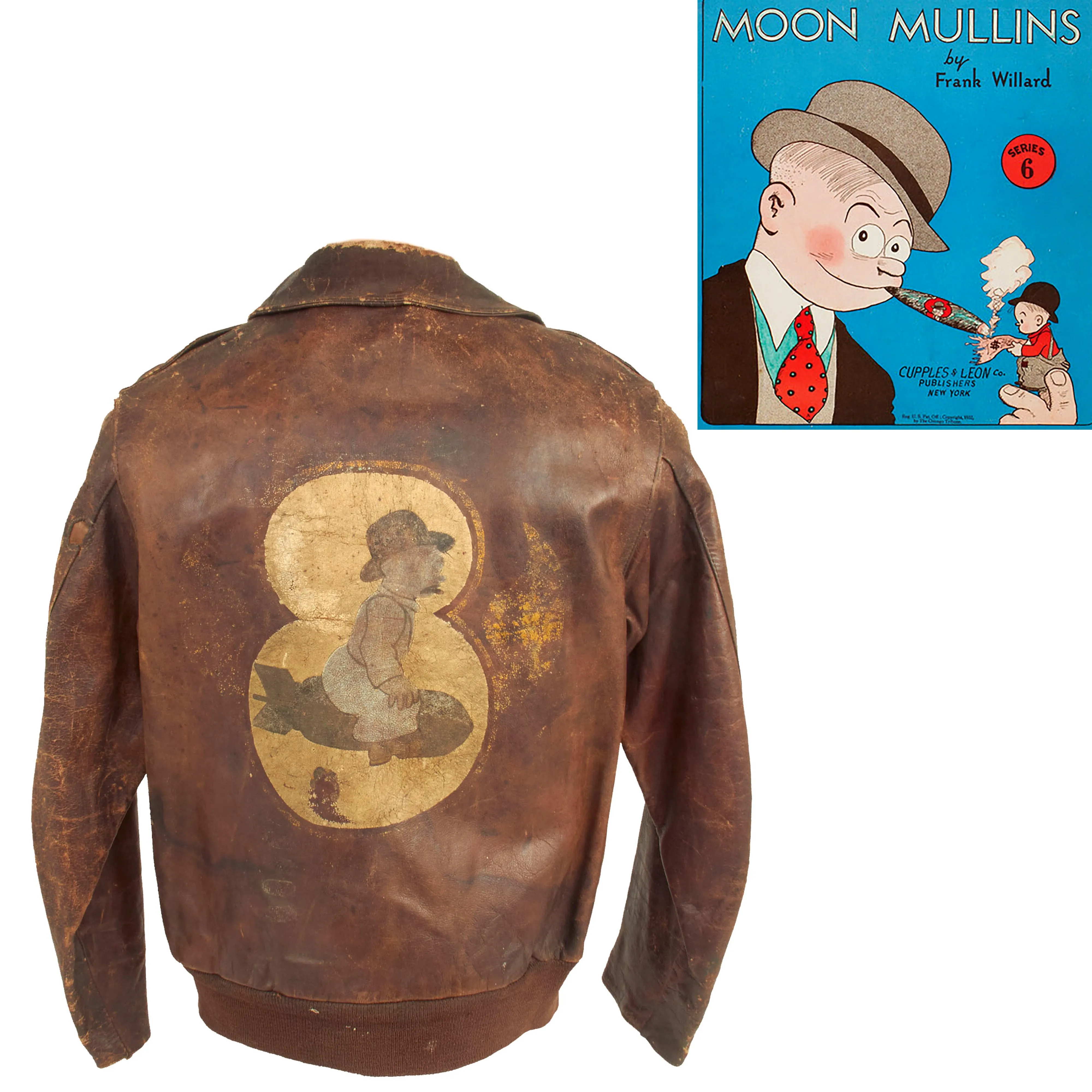 Original U.S. WWII 8th Air Force Moon Mullins Cartoon Character Painted A-2 Leather Flight Jacket Named to Sgt Leonard Itle - 368th Bomb Squadron