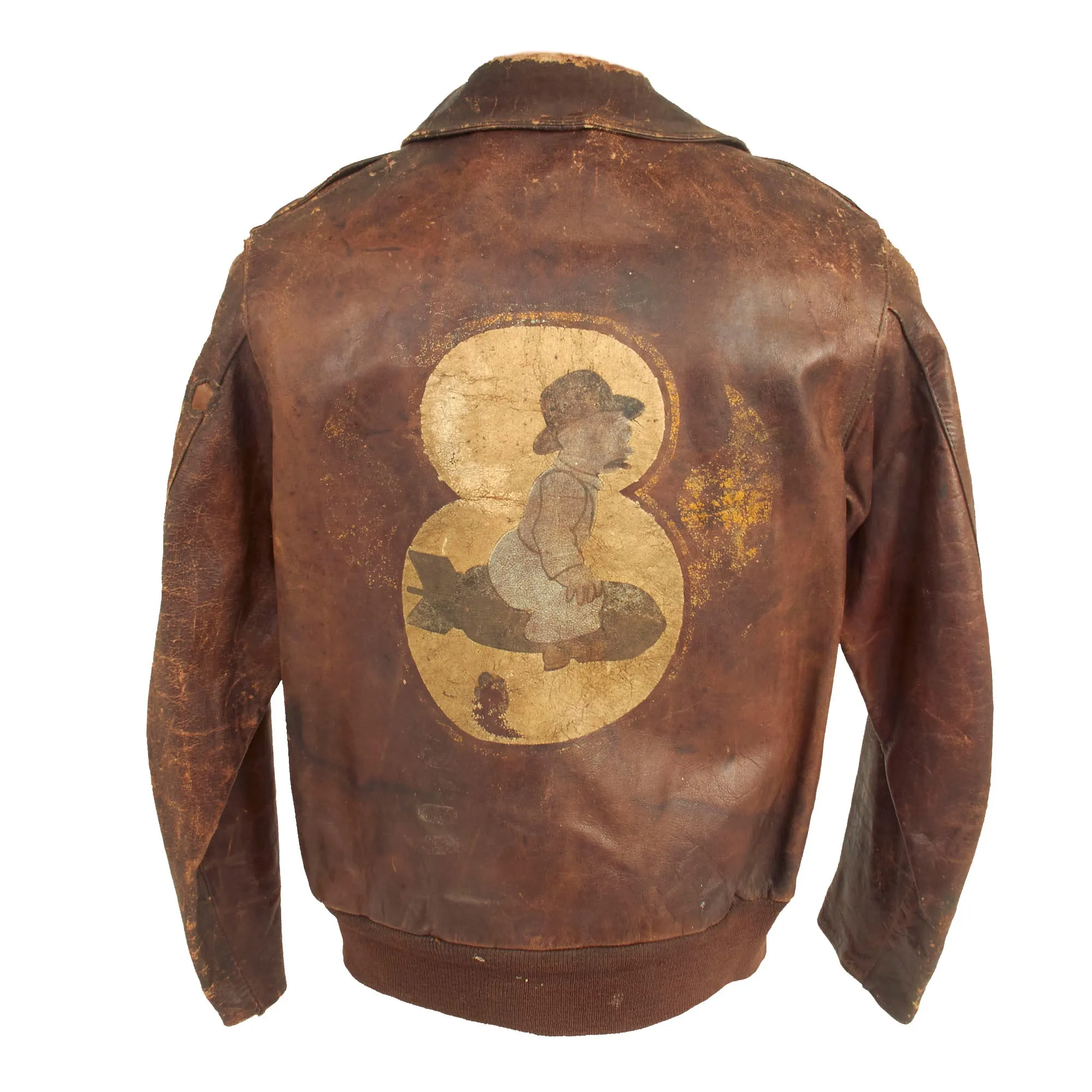 Original U.S. WWII 8th Air Force Moon Mullins Cartoon Character Painted A-2 Leather Flight Jacket Named to Sgt Leonard Itle - 368th Bomb Squadron