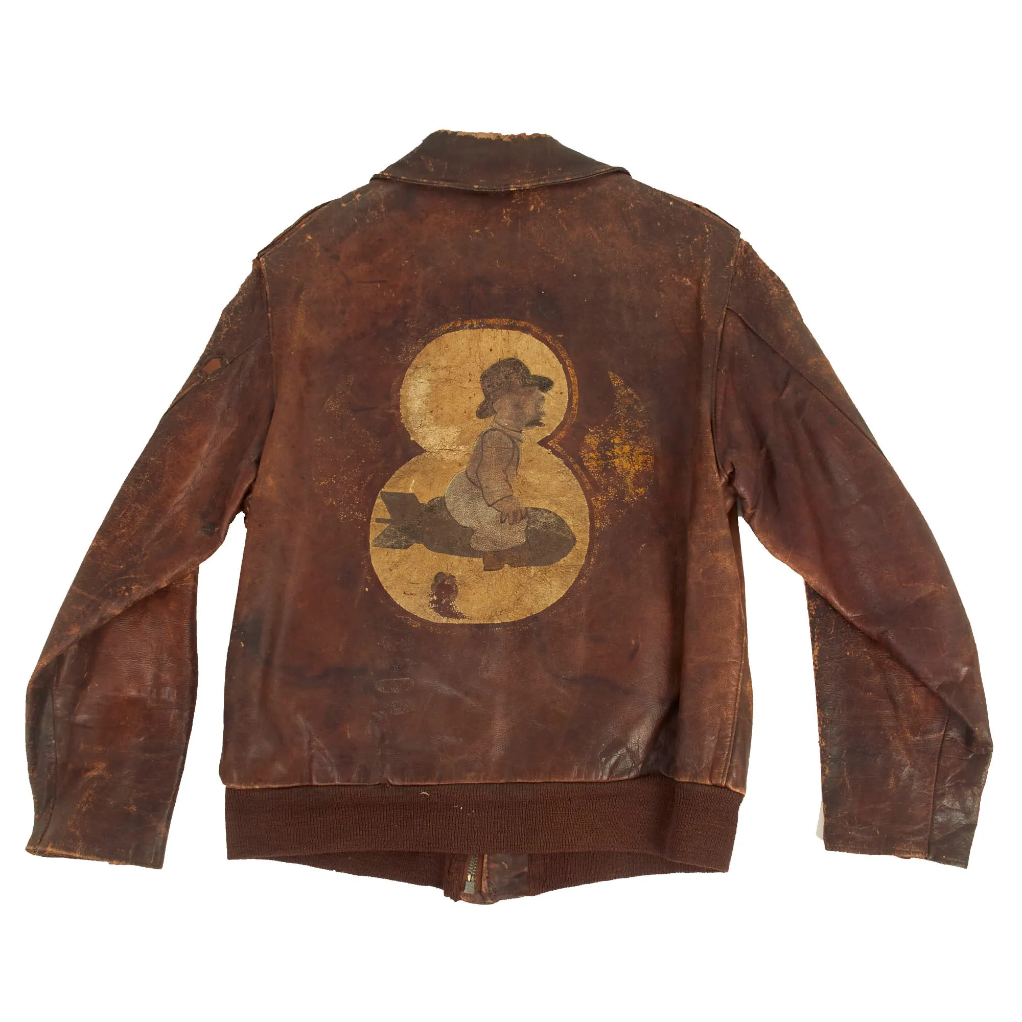 Original U.S. WWII 8th Air Force Moon Mullins Cartoon Character Painted A-2 Leather Flight Jacket Named to Sgt Leonard Itle - 368th Bomb Squadron