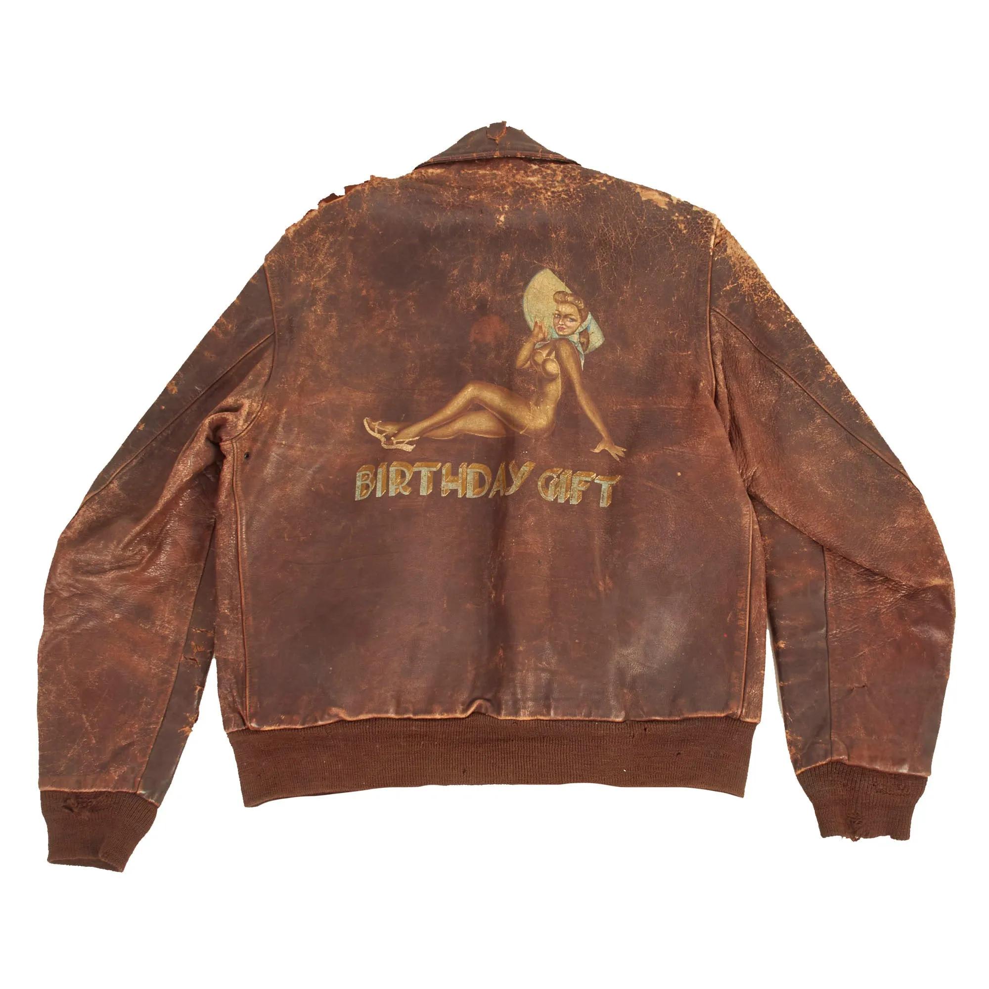 Original U.S. WWII B-24 Birthday Gift Painted A-2 Leather Flight Jacket Named to Lt Walter Kilimnik - 736th Bomb Squadron