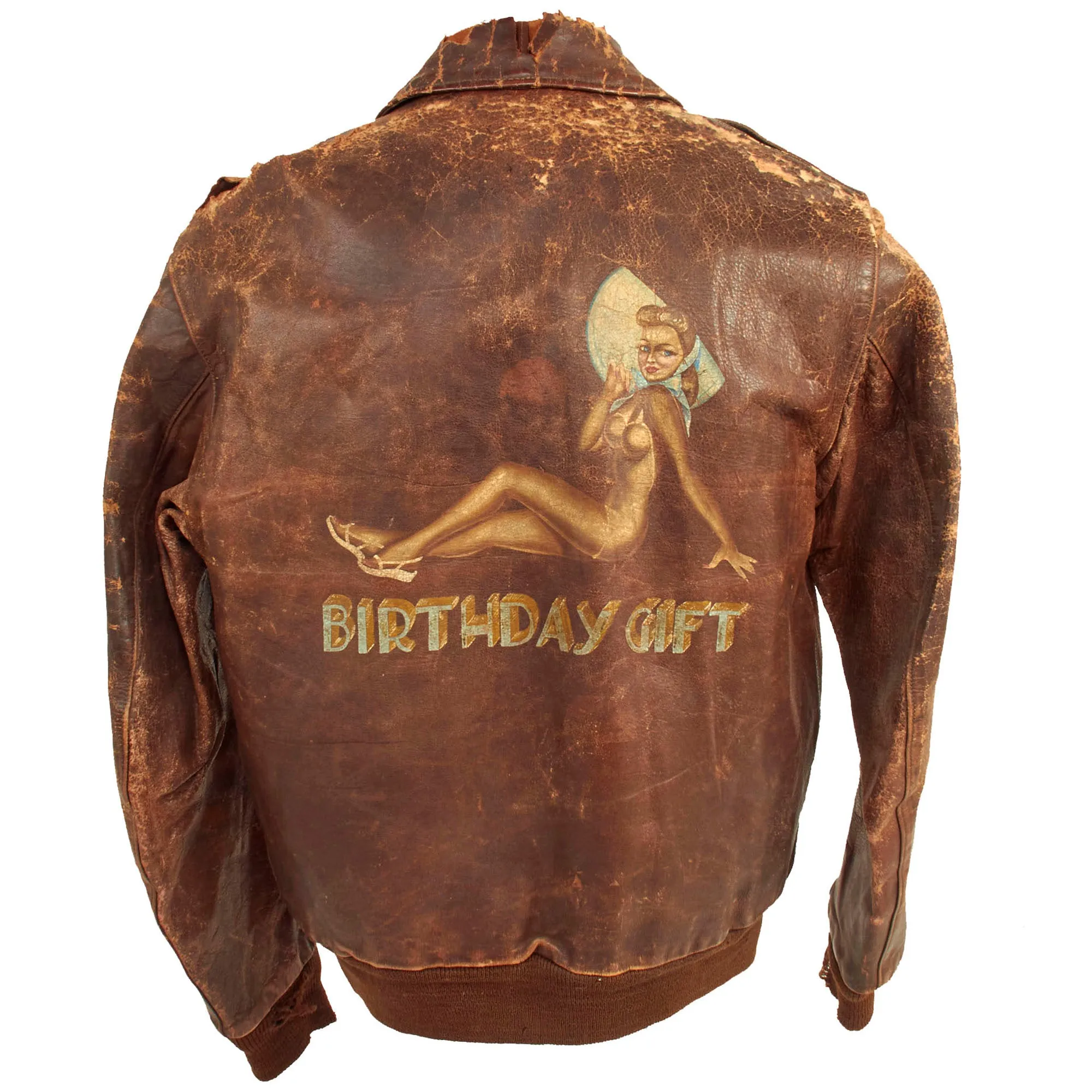 Original U.S. WWII B-24 Birthday Gift Painted A-2 Leather Flight Jacket Named to Lt Walter Kilimnik - 736th Bomb Squadron