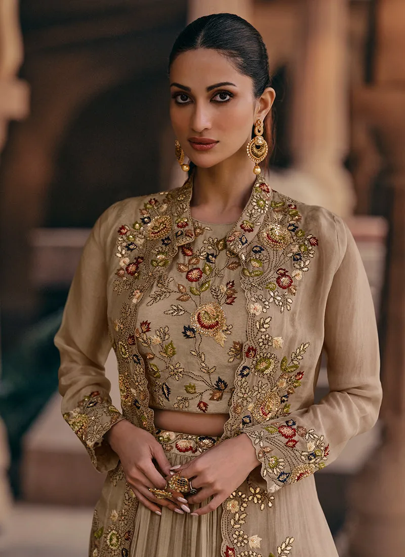 Pastel Brown Multi Embroidered Lehenga Choli With Jacket