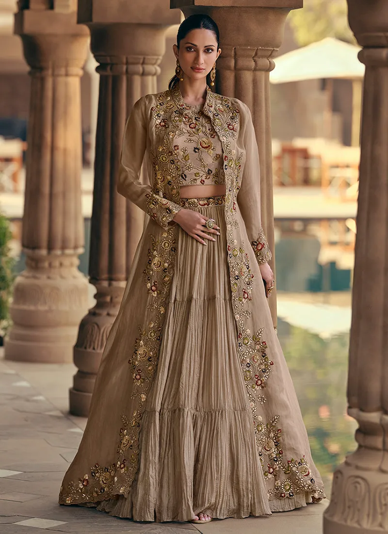 Pastel Brown Multi Embroidered Lehenga Choli With Jacket