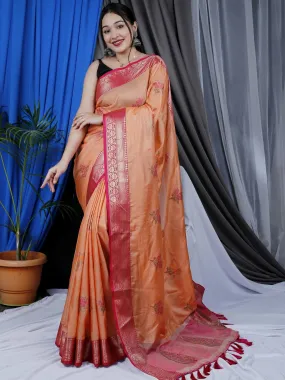 Peach Saree in Cotton Copper Meenakari Woven Work