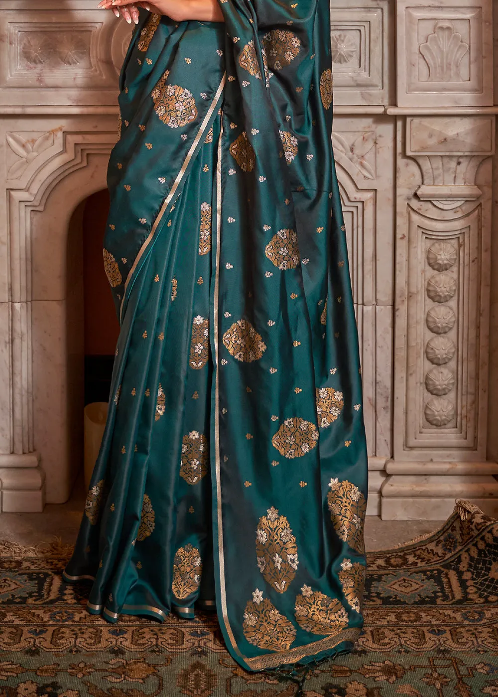 Peacock Green Copper Zari Woven Satin Silk Saree