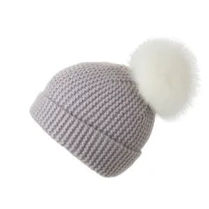 Pearl Stitched Light Grey Cashmere Hat with White Pom-Pom