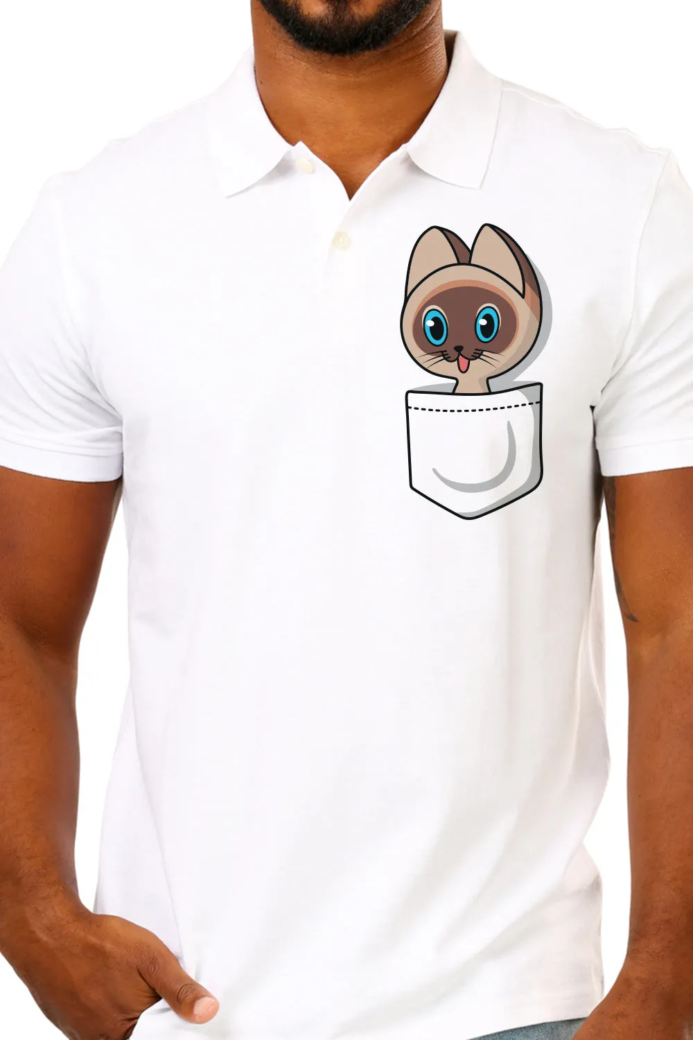 Peeping Cat Pocket Graphics printed - White Premium Polo Tee