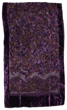 Pink   Purple   Gold Leaf Patterned Devore Velvet Scarf with Purple Boarder (172 x 52cm)