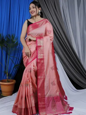 Pink Saree in Cotton Copper Meenakari Woven Work