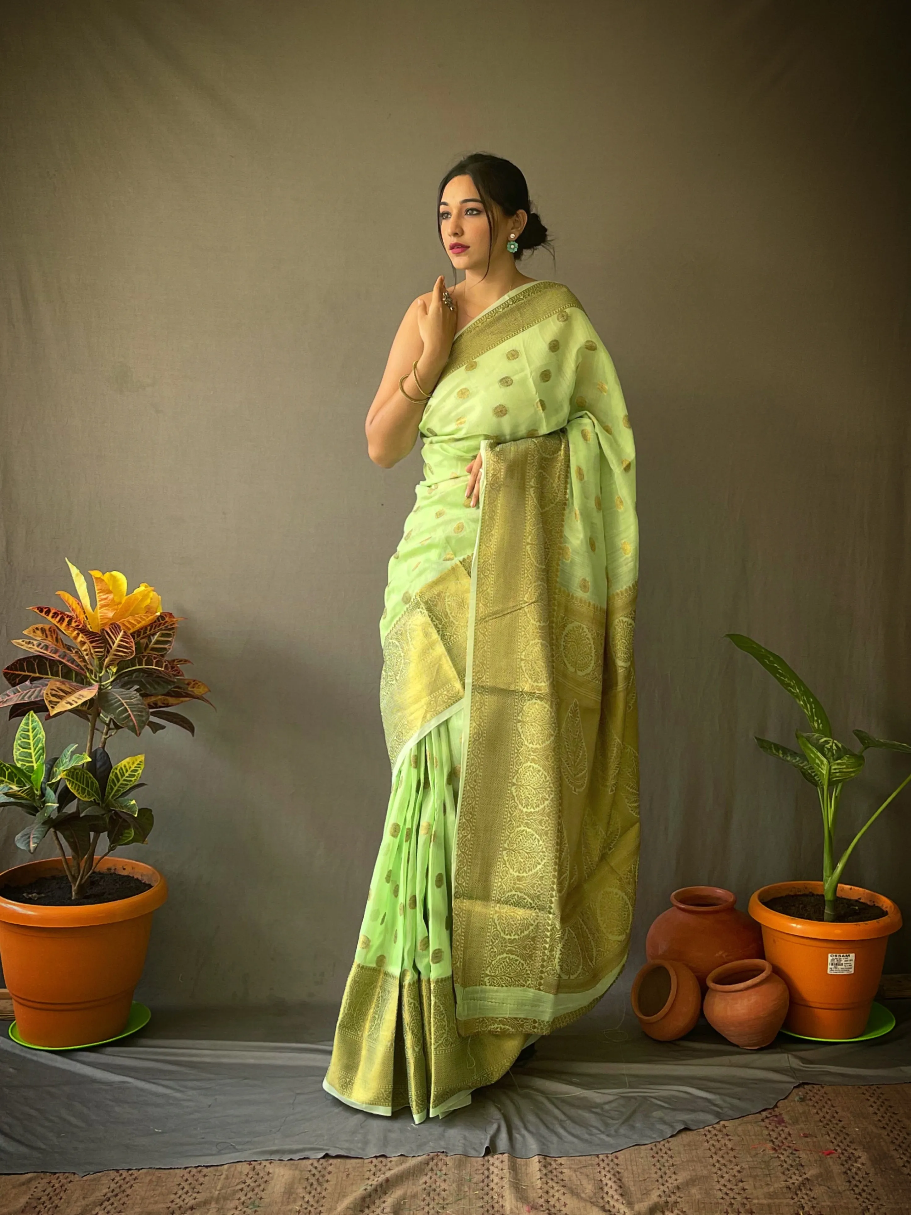 Pista Green Saree in Linen Copper