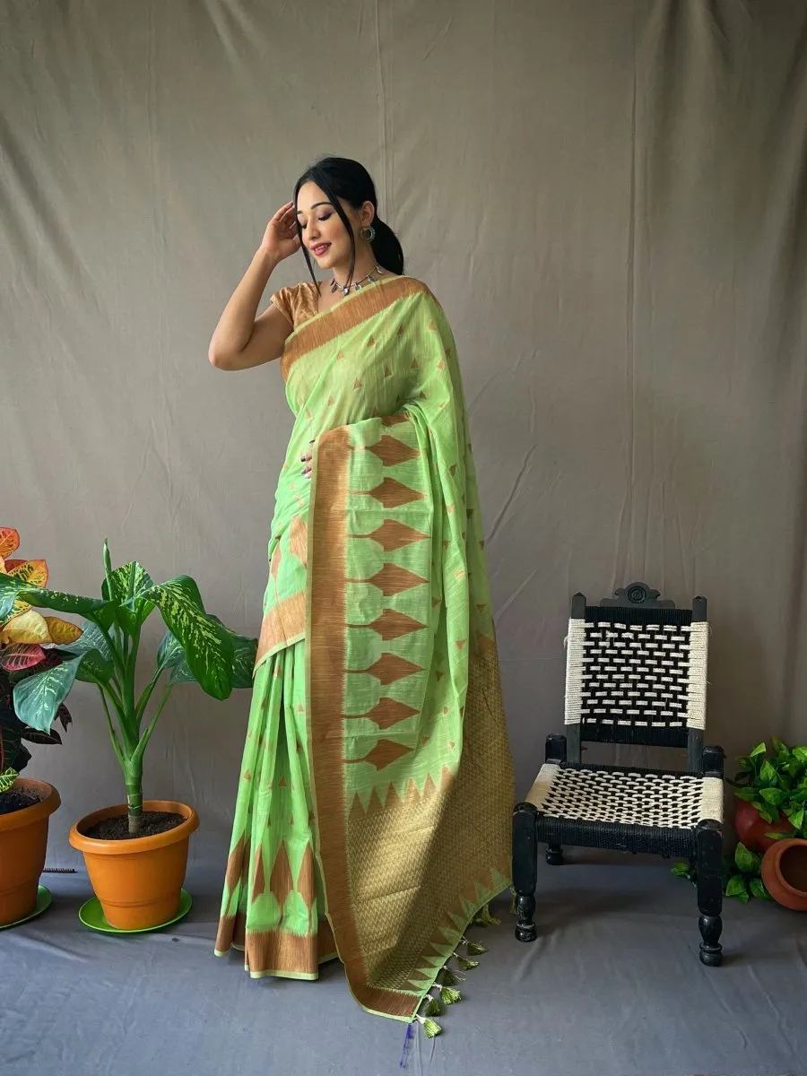 Pista Green Saree in Pure Cotton Copper