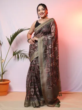 Pista Printed Saree with Copper Zari Woven Border