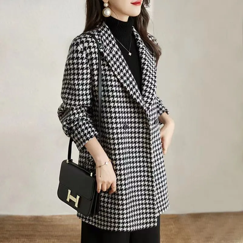 Plaid Woolen Chic Wool Thigh-Length Mac Coat