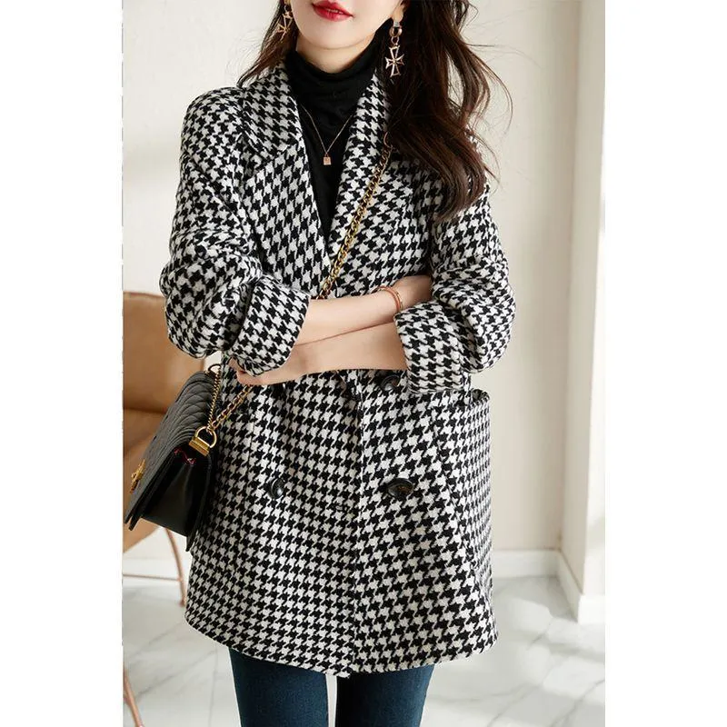 Plaid Woolen Chic Wool Thigh-Length Mac Coat