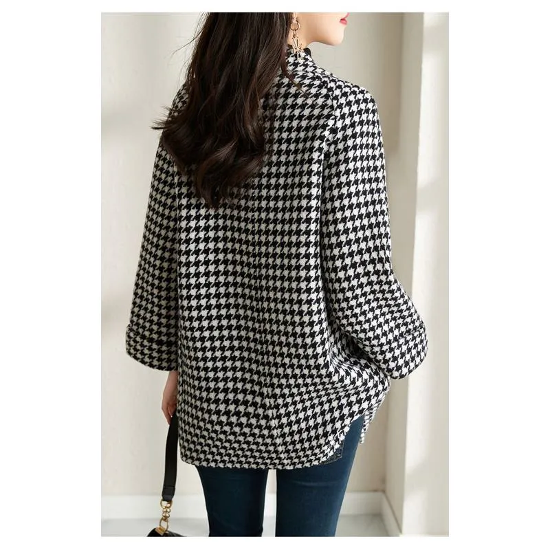 Plaid Woolen Chic Wool Thigh-Length Mac Coat