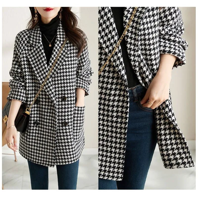 Plaid Woolen Chic Wool Thigh-Length Mac Coat