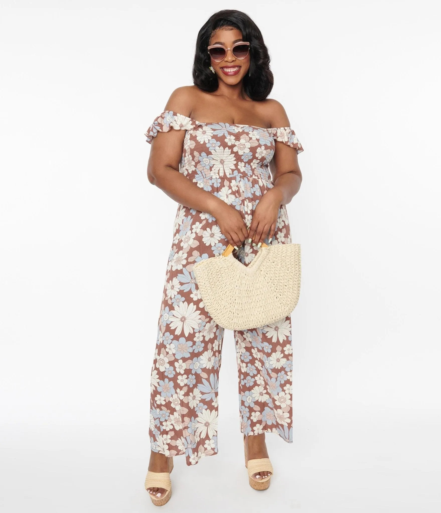 Plus Size Brown & Muted Florals Off The Shoulder Jumpsuit