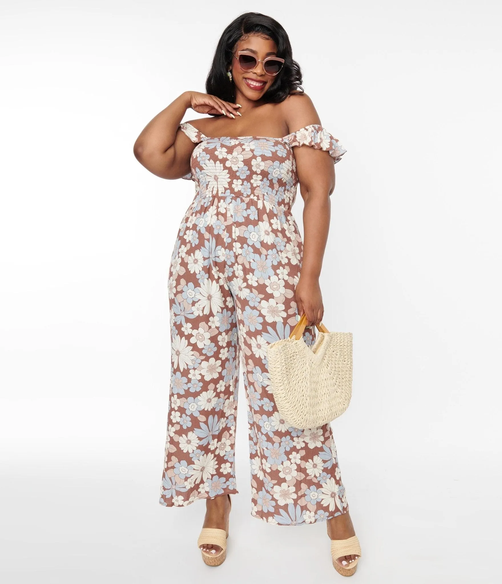 Plus Size Brown & Muted Florals Off The Shoulder Jumpsuit