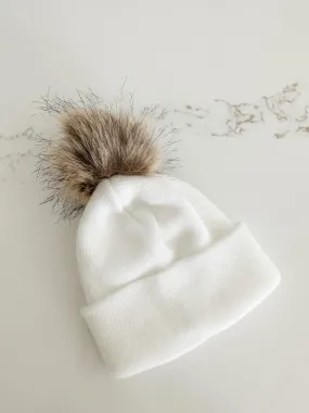 Pom Pom Knit Hat-Milk