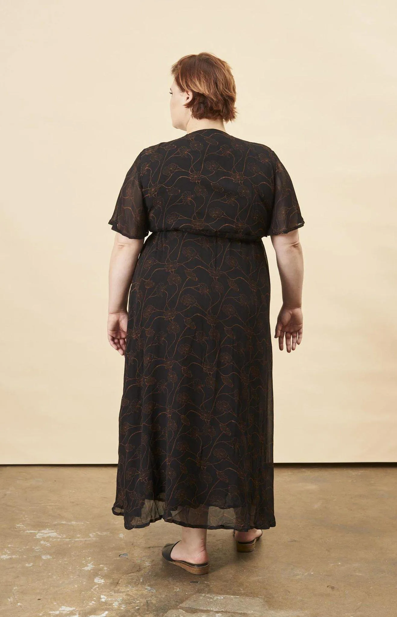 Poppy Flower Butterfly Sleeve Maxi Dress in Black   Copper