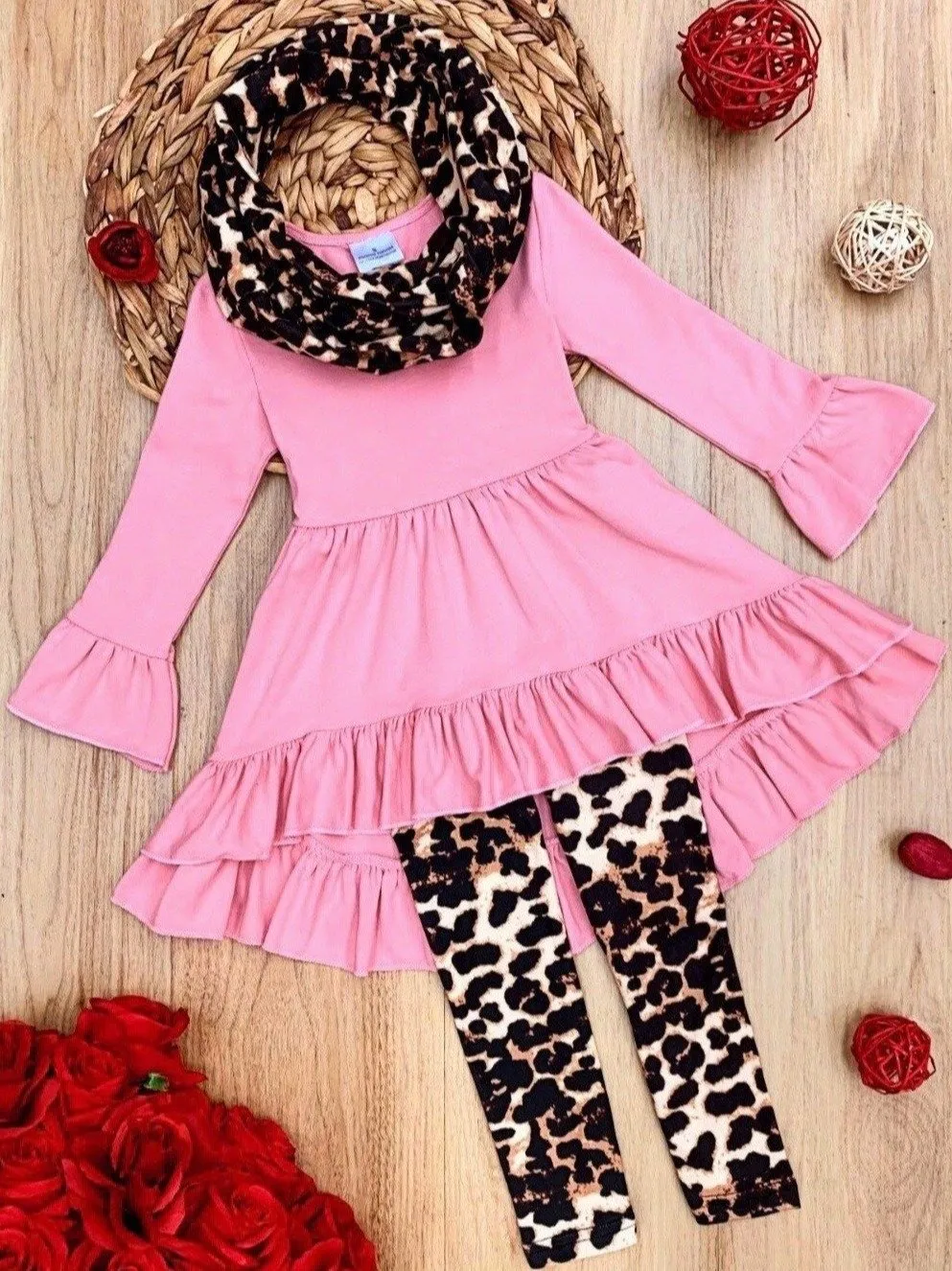 Pretty Pink Tunic, Leopard Legging And Scarf Set