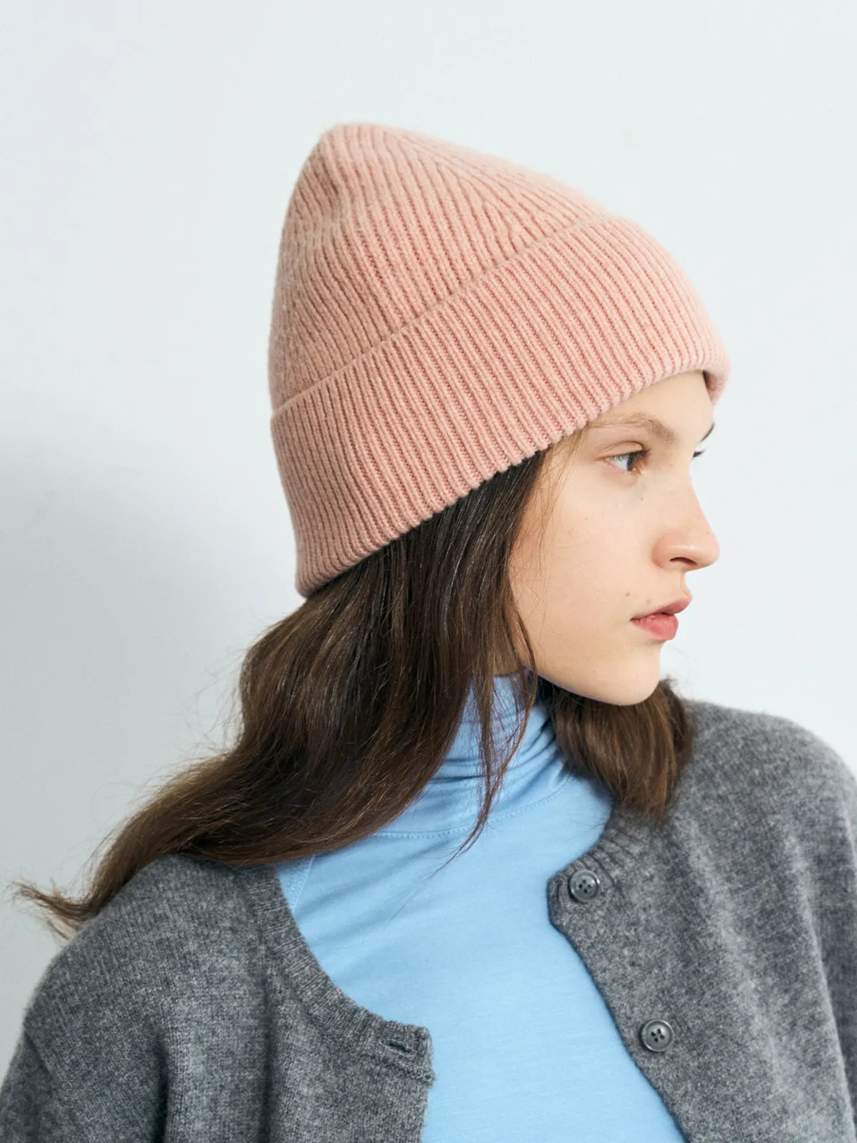 "Extra Fine Marino" Wool Knit Beanie Hat - Pale Pink