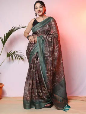 Rama Printed Saree with Copper Zari Woven Border