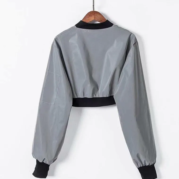 Reflective Gray Puffed Sleeves Short Cropped Jacket