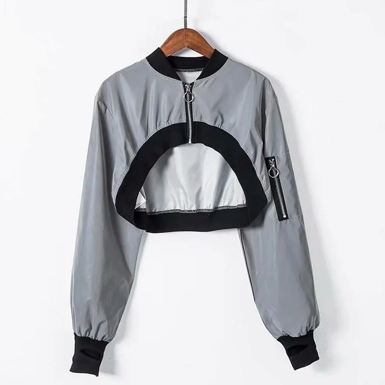 Reflective Gray Puffed Sleeves Short Cropped Jacket