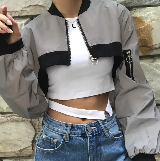 Reflective Gray Puffed Sleeves Short Cropped Jacket