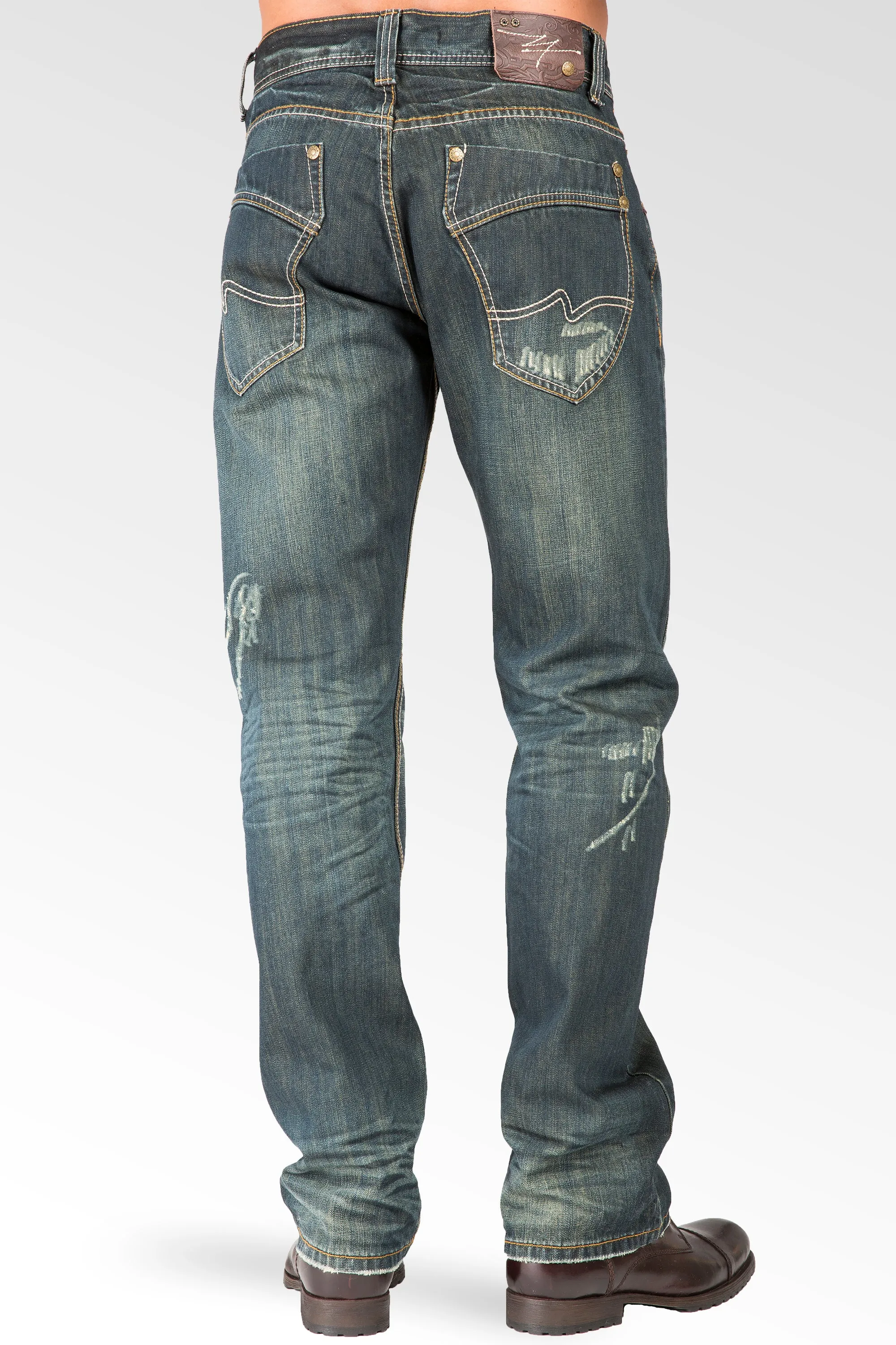 Relaxed Straight Ripped Faded Vintage Premium Denim Signature 5 Pocket Jeans Wrinkle Whisker