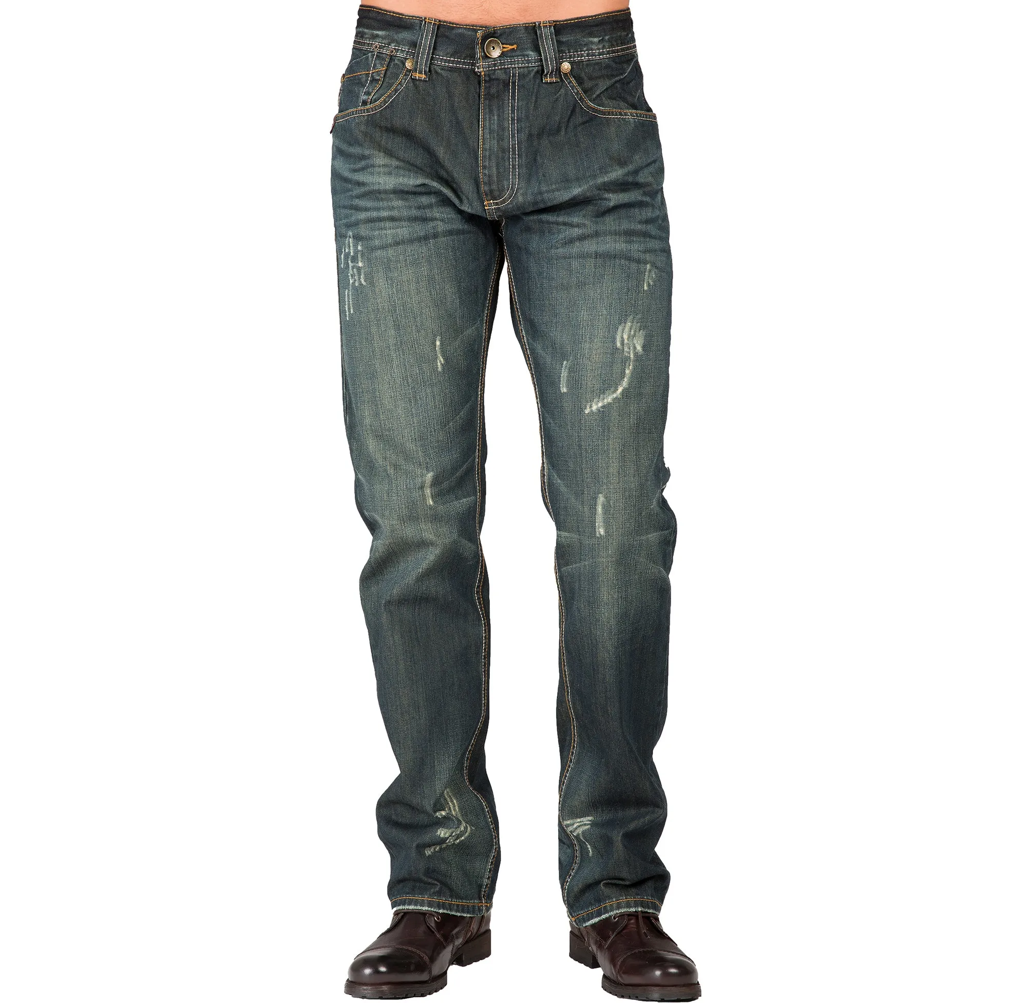 Relaxed Straight Ripped Faded Vintage Premium Denim Signature 5 Pocket Jeans Wrinkle Whisker