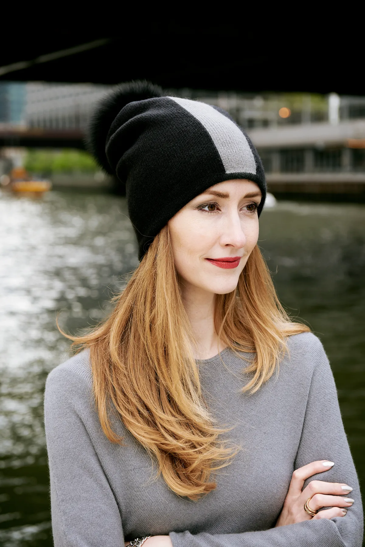 Reversible Slouchy Black and Grey Striped Cashmere Hat with Black Pom-Pom