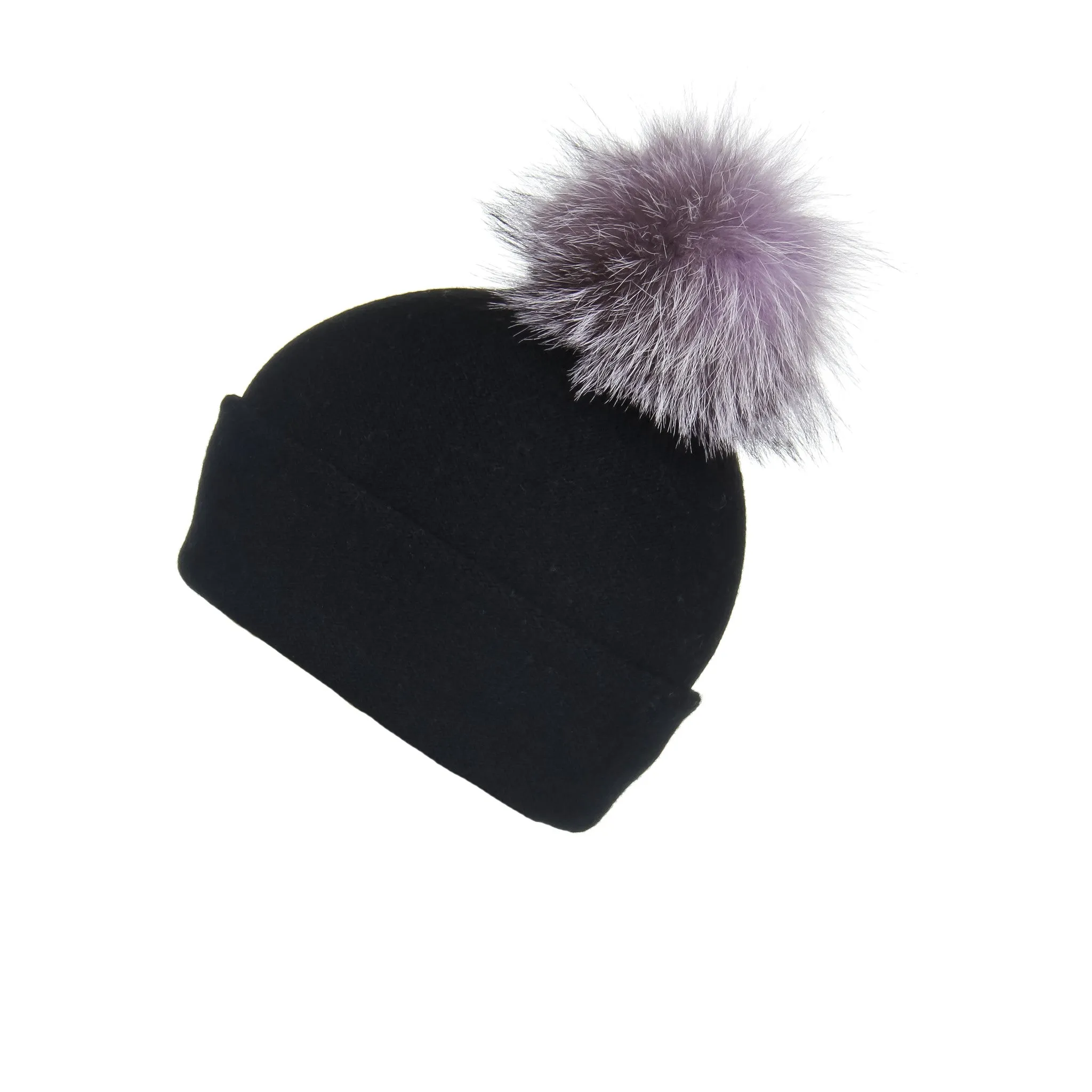 Reversible Slouchy Black Cashmere Hat with Lilac Pom-Pom