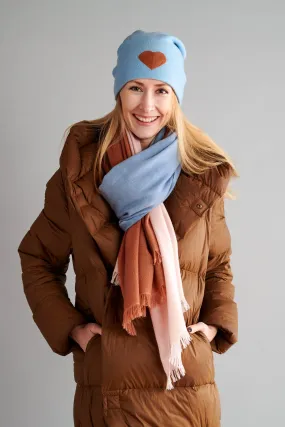 Reversible Slouchy Light Blue Cashmere Hat with Bronze Heart