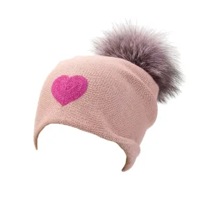 Reversible Slouchy Rose Cashmere Hat with Pink Heart and Lilac Pom-Pom