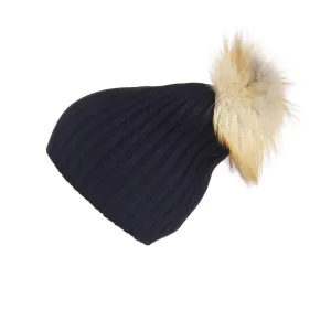 Ribbed Black Cashmere Hat with Light Caramel Pom-Pom