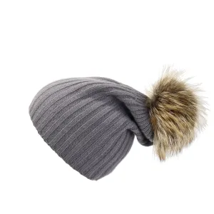 Ribbed Grey Cashmere Hat with Caramel Pom-Pom