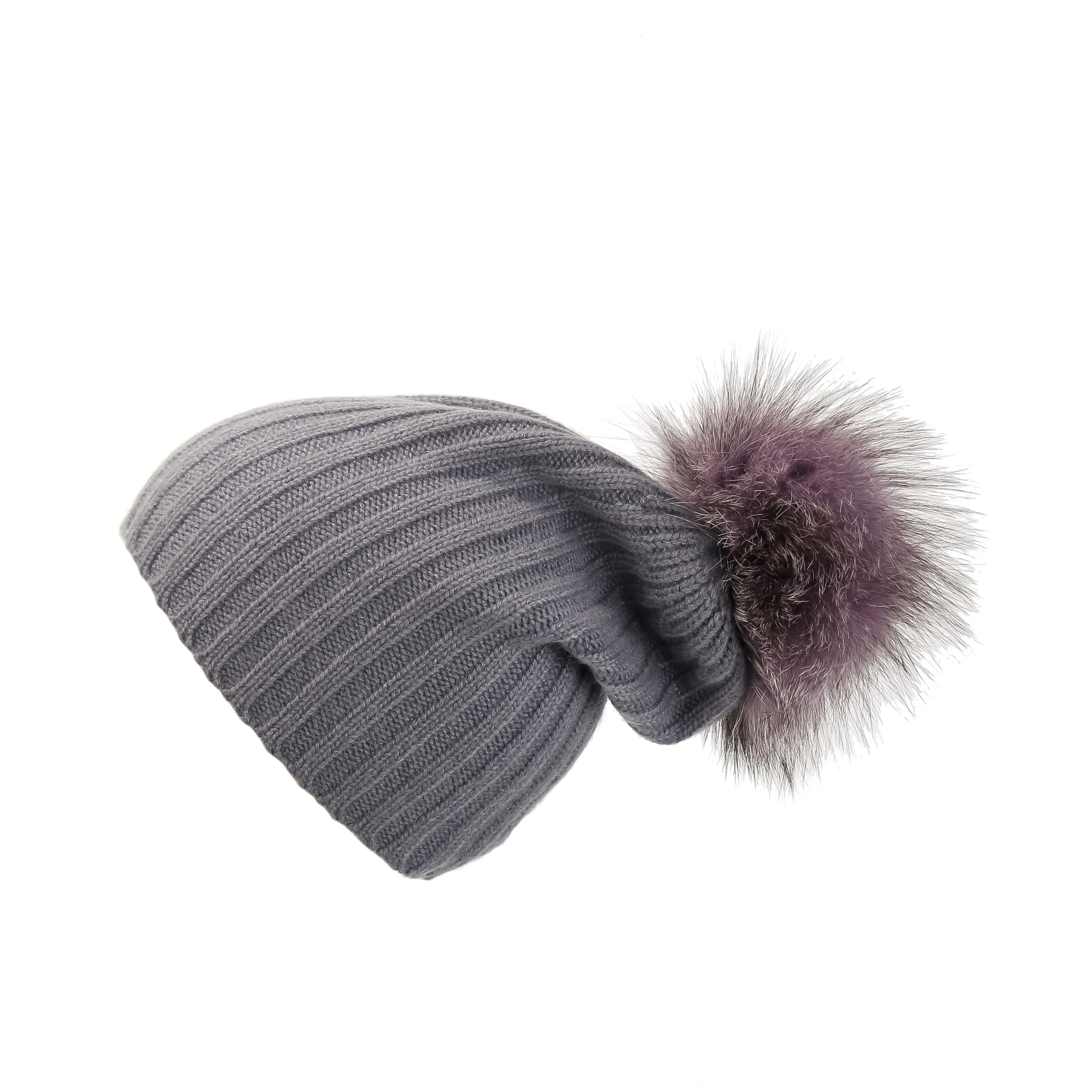 Ribbed Grey Cashmere Hat with Lilac Pom-Pom