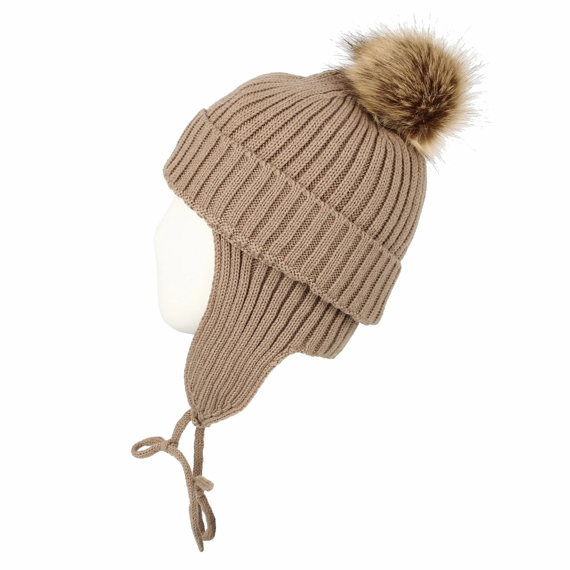 Ribbed Knit Beanie Velour Lining Hat Pom Earflaps Cap BZ70012