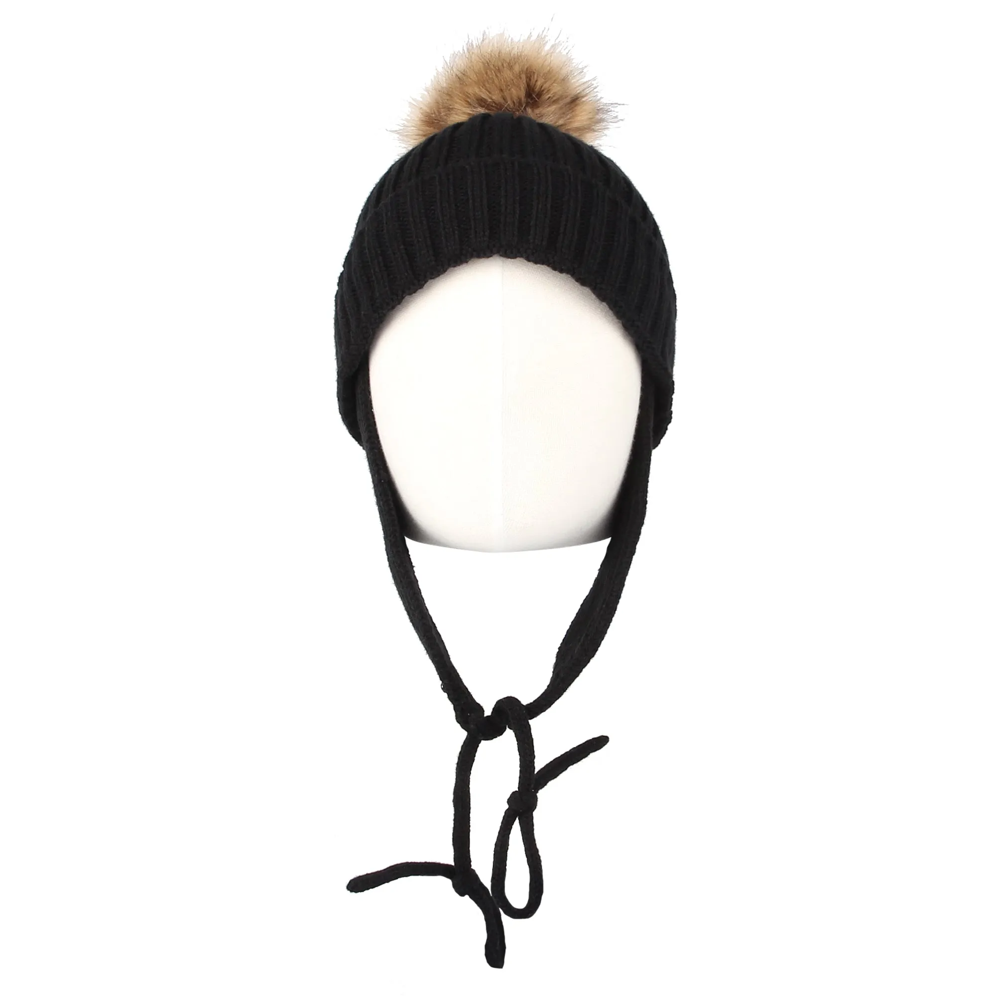 Ribbed Knit Beanie Velour Lining Hat Pom Earflaps Cap BZ70012