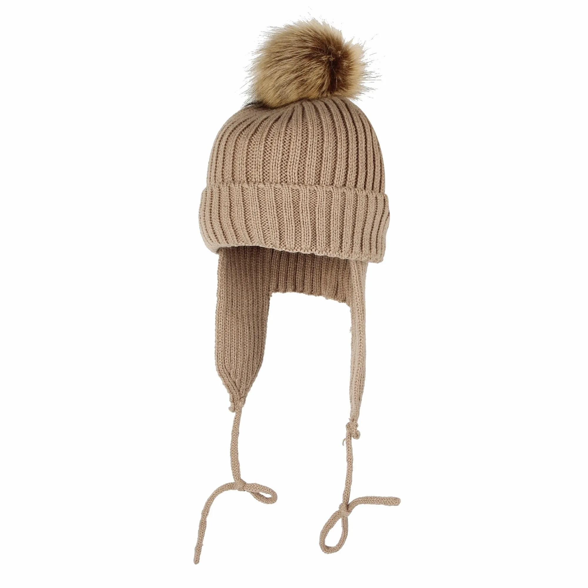 Ribbed Knit Beanie Velour Lining Hat Pom Earflaps Cap BZ70012