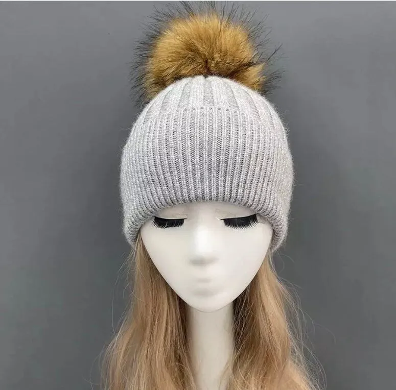 Ribbed Knit Cashmere/Angora Faux Fur Bobble Hat