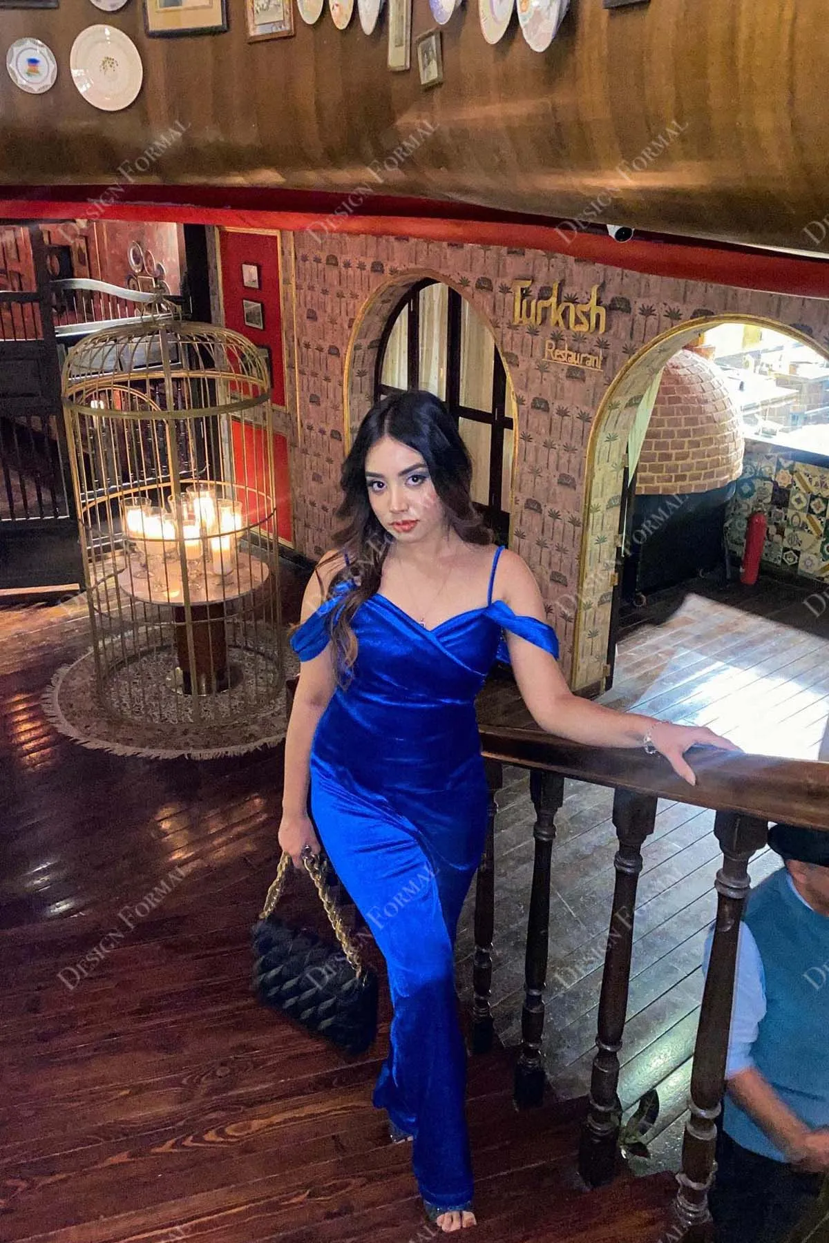 Royal Blue Cold Shoulder Mermaid Velvet Designer Prom Jumpsuit