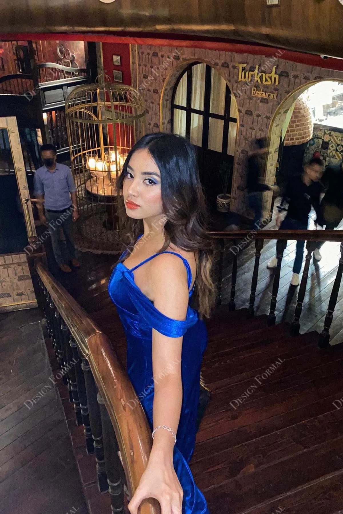 Royal Blue Cold Shoulder Mermaid Velvet Designer Prom Jumpsuit