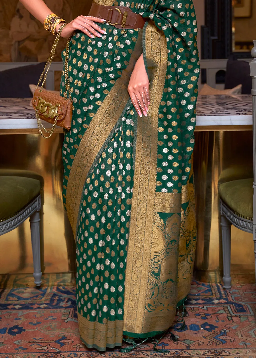 Sacramento Green Copper Zari Woven Banarasi Khaddi Silk Saree